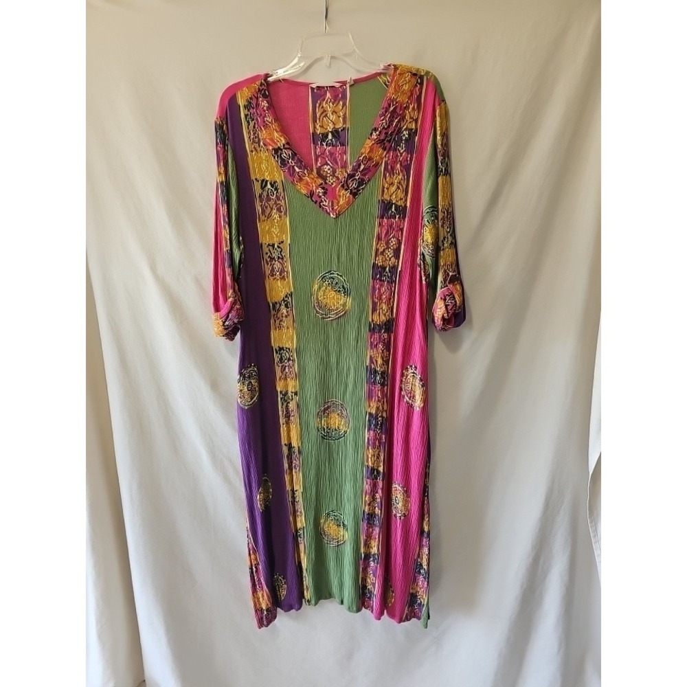 Soft Surroundings Bohemian Multicolored Maxi‎ Dress 3/4 Roll Tab Sleeves V Neck